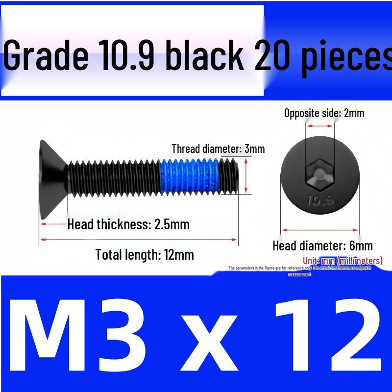 Black Anti-Slip Flat Cup Screw with Adhesive Blue Glue, Countersunk Hexagon Socket, Available in M2-M8 Sizes