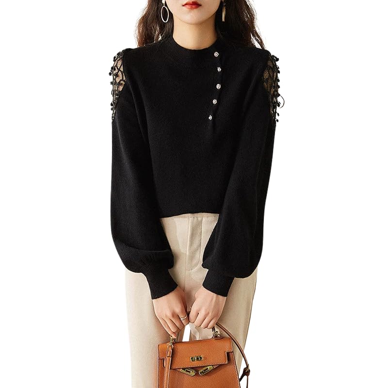 

[ROSELUCA.] [Add elegance] sweater ladies knit long sleeve round neck lace openwork sheer veil sleeves spring elegant Dress slimmer relax commute