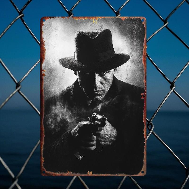 Vintage Metal Tin Sign Retro Gangster with Gun Art HeavyDuty Rustproof Weatherproof IndoorOutdoor Garage Living R