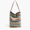 Korean Fashi Shoulder Bag, Lady Rainbow Striped Color-blocked Woven Bucket Bag Leather Strap Handbag Large Tote Bag For Travel