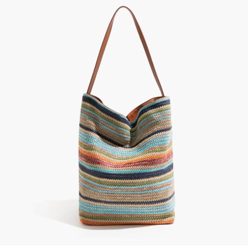 Korean Fashi Shoulder Bag, Lady Rainbow Striped Color-blocked Woven Bucket Bag Leather Strap Handbag Large Tote Bag For Travel