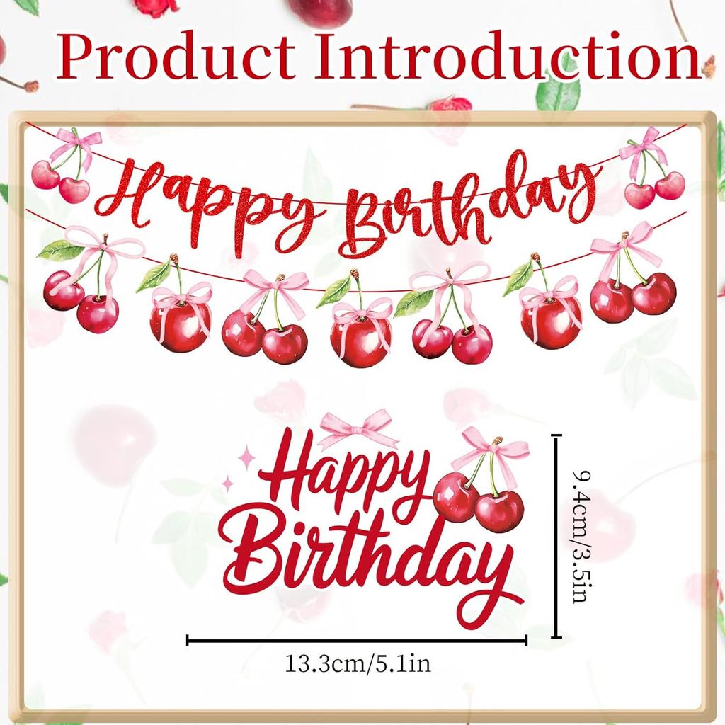 Cherry Birthday Party Decorations - Cherry Themed Banners Decoration Pink Bow Fruit Cake Topper Decor Supplies for Girls Women
