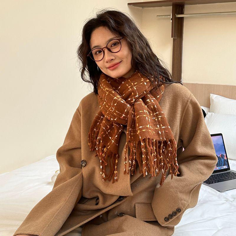 Women's Faux Cashmere Plaid Scarf - Korean Style, Thick & Warm Autumn/Winter Shawl