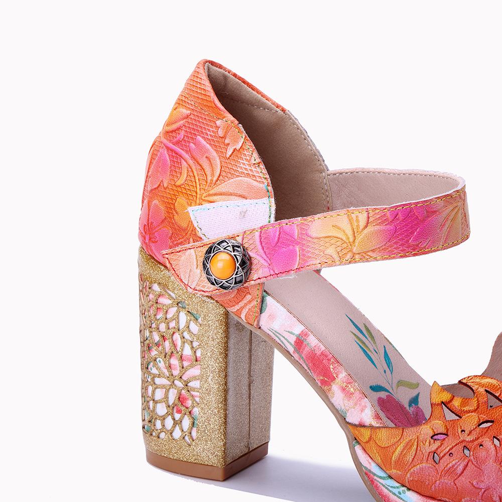 Johnature Genuine Leather Printed High Heels Sheepskin Handmade Retro Colored Women's Sandals