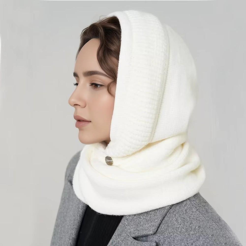 2 In 1 Knitted Hooded Scarf Solid Color Winter Crochet Beanie Hat New Neck Collar Hat  for Women
