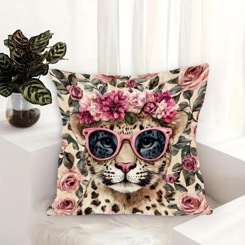 2D flat-Vintage Boho Floral Leopard Print Throw Pillow Cover Pink Sunglasses Flower Crown Decorative Cushion Case