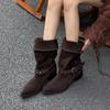 Pile Boots Women's Fall New Vintage Pointed Toe Suede Studded Metal Buckle Block Heel Western Cowboy Boots