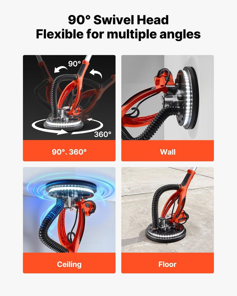 Drywall Sander, 850W Electric Drywall Sander, Popcorn Ceiling Removal Tool with 5 Variable Speed 800-1700 RPM, Double-Deck LED Light, Foldable &