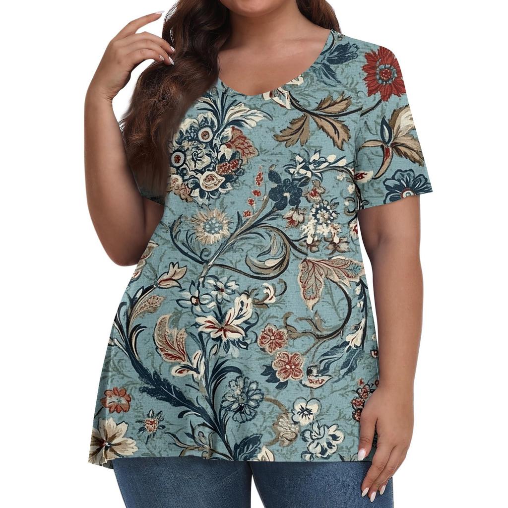 Women's Fashion Casual V-Neck Pullover Short Sleeve Large Size Vintage Printed Top