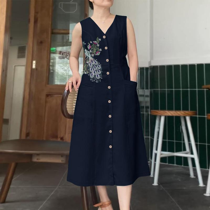 

ZANZEA Женское летнее платье с V-образным вырезом, без рукавов, повседневное, с вышивкой 5XL тёмно-синий