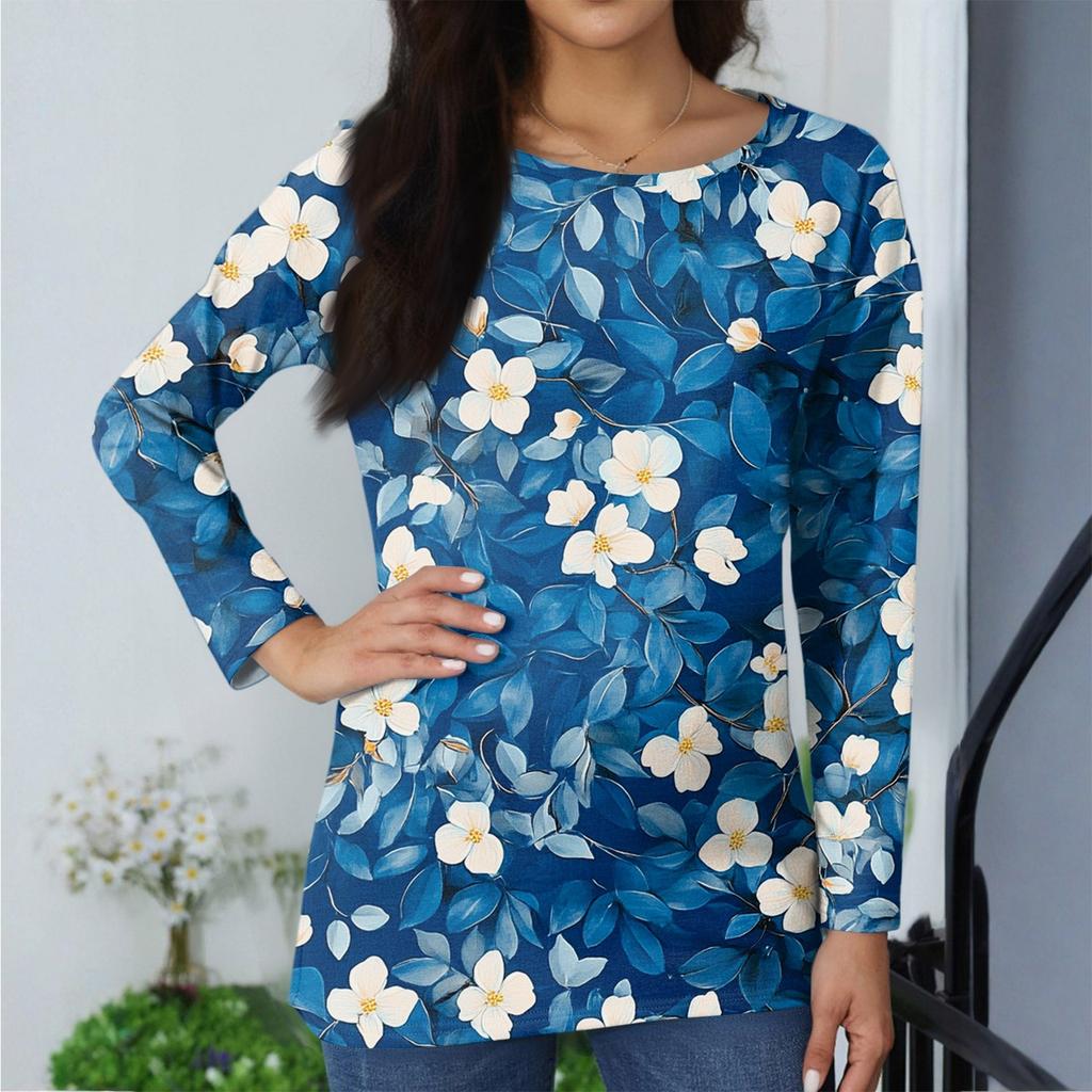 Women's Fashionable Casual Printed Long Sleeved Round Neck Top Round Neck Top Top