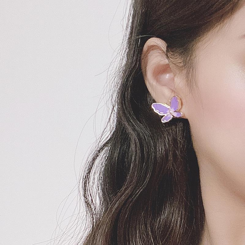 Japanese simple two-color butterfly 925 silver needle earrings, Korean version of trendy small, fresh and less super fairy temperament Mori earrings