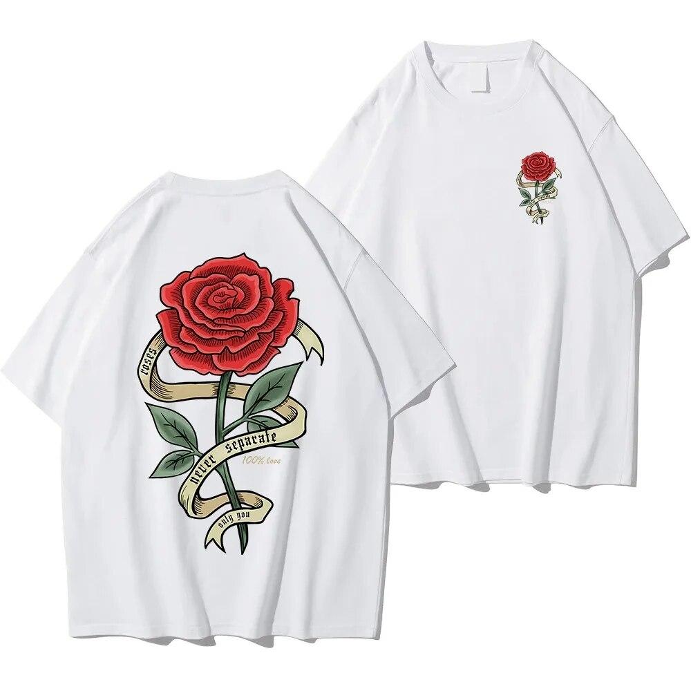Unisex Sommer Baumwolle Rote Rose Gewickeltes Band Bedrucktes T-Shirt Atmungsaktiv Groß Lässig Locker T-Shirt Kurzarm