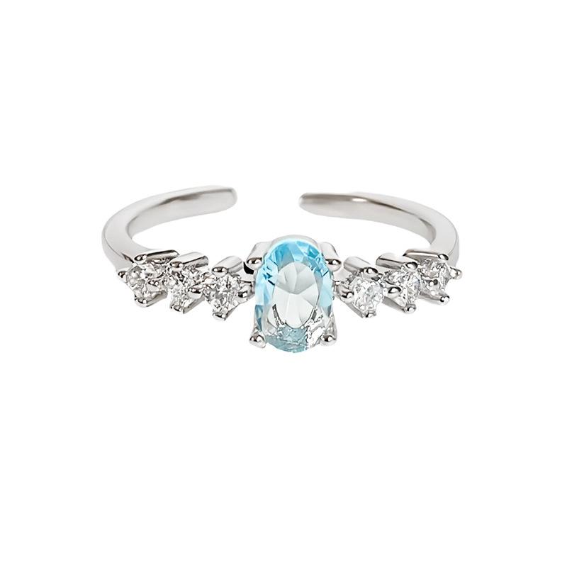 Light Luxury High-End Sea Blue Zircon Light Luxury Sugar Cube Love Open Ring Niche Stacking Wearing Colored Treasure Exquisite Ring