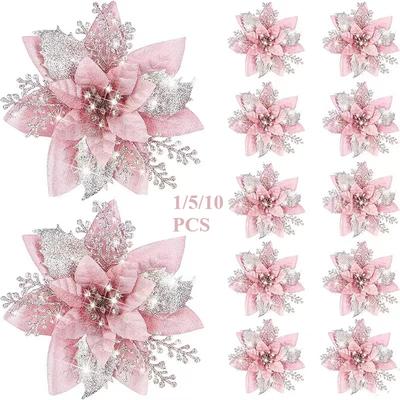 10/5/1pcs 14.5cm Glitter Artifical Christmas Flowers Christmas Tree Decoration Happy New Year Ornaments Xmas Fake Flowers Natal