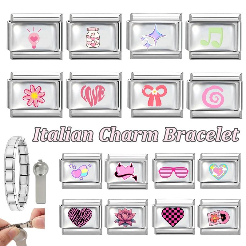 Sweet DIY Making Pink Y2K Italian Charm Bracelet Flowers Lips Bow Heart Eyes Music Bead Fit 9mm Stainless Steel Fashion Jewelry