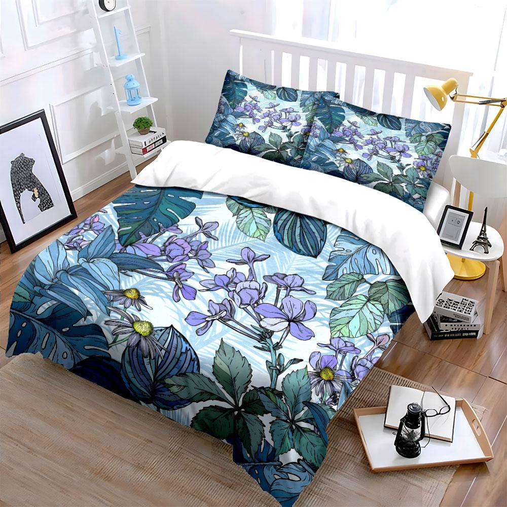 Fresh Forest Theme Tropical Plants Flowers Bedding Set for Kids Luxury Gift 3pcs Digital Print Comforter Set Soft Comfortable