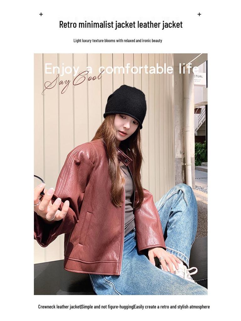 Jachetă Roșie Retro din Piele PU pentru Femei American Ankola - Modă Toamnă 2024