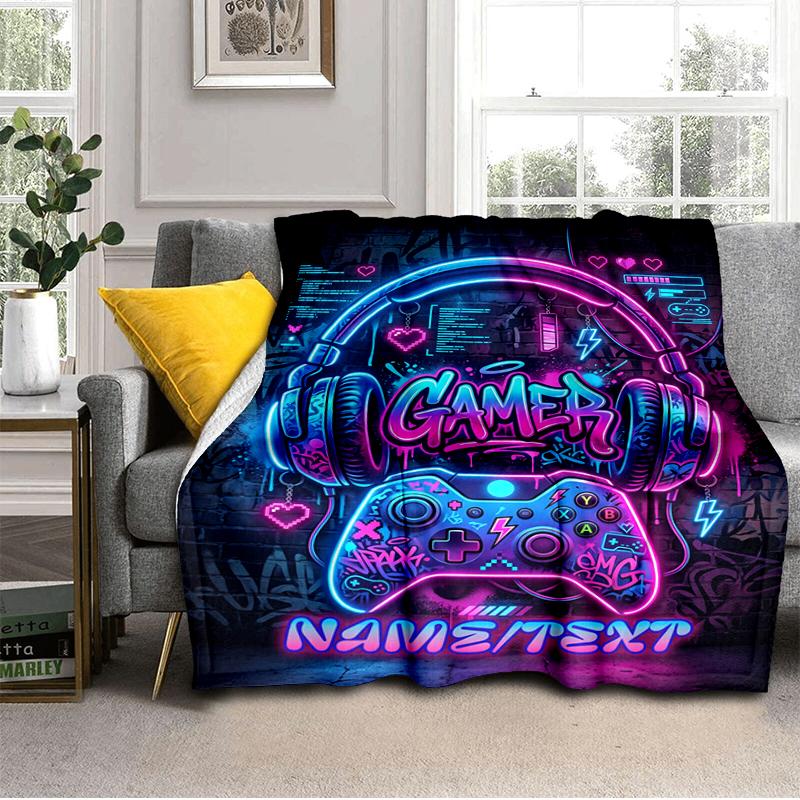 1PC Custom Name Gamer Neon Vibes Flannel Blanket Versatile,all-season Throw Suitable for the Living Room,bedroom,camping,travel,and Gift