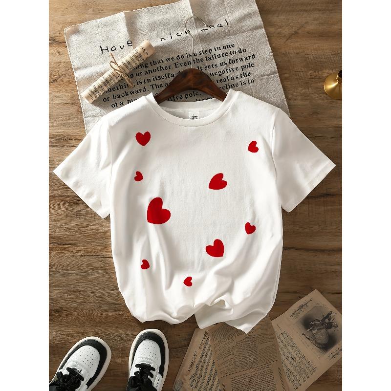 Women's Red Heart Print Short Sleeve T-Shirt Crew Neck Casual All Season Valentine's Day Top