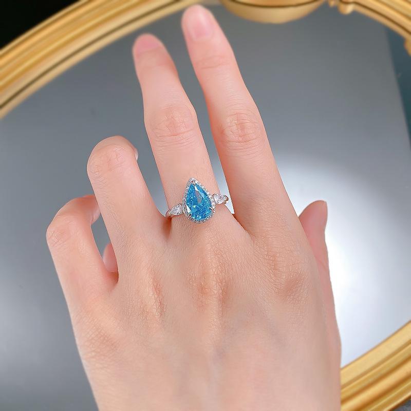 Xiancan Jewelry European & American Cross-border S925 Silver Ring: 7x11 Pear-shaped Aquamarine & High Carbon Diamond, Women's White Gold Band