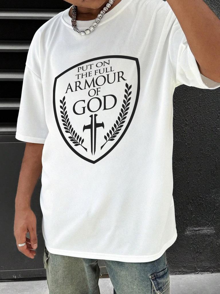 T Shirt for Man 100 Cotton Summer Armour of God Christian Print Casual Slim Fit Round Neck Short Sleeved Tshirt Top