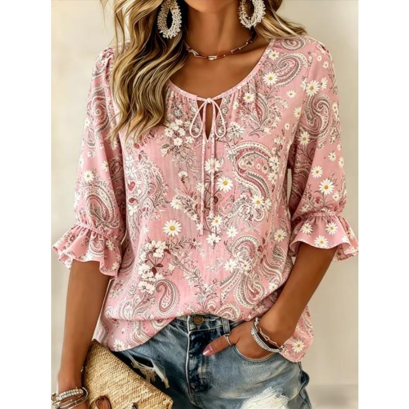 Women's elegant printed lace-up flared top, stylish and versatile, comfortable and skin-friendly