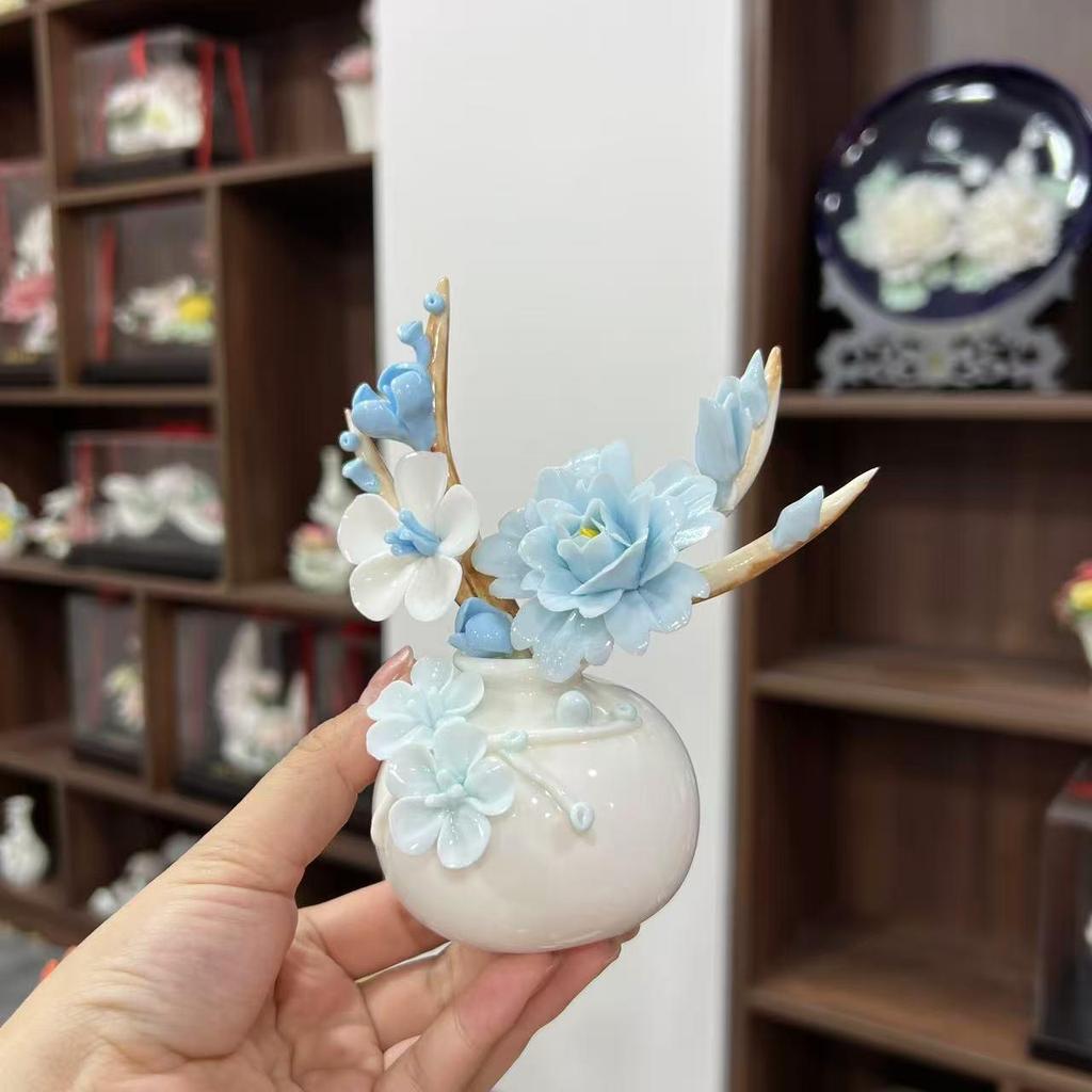 Handcrafted Ceramic Flower Figurine Set: Cute Table Ornaments for Living Room Decor.