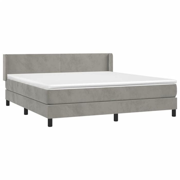 Lit avec sommier et matelas - 160x200cm - Velours gris clair - Tête de lit réglable - Ressorts ensachés