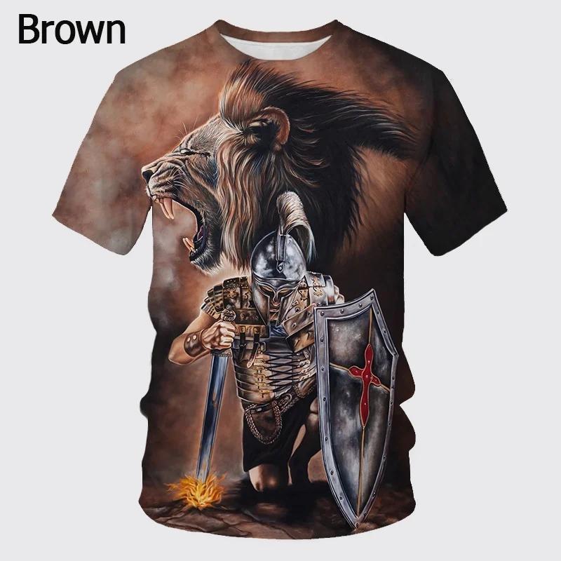 Summer Round Neck 3D Templar Knight Pattern Printed Top Fashionable Casual Short Sleeved Men's T-shirts