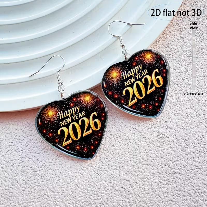 Creative New Year s Eve 2026 New Year s earrings 2D flat acrylic European and American personalized New Year s party digital love earrings
