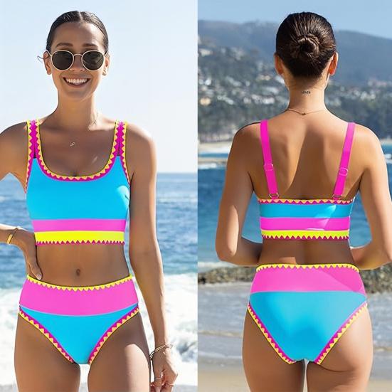 3Pcs/Set Swimsuit Set Padded No Underwire Bra High-Waist Bikini Briefs Set with Overskirt Color-Blocked Wave Pattern Bikini Set