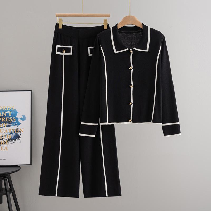 European-American High-End Fashion Knitted Sweater Cardigan & Wide-Leg Pants Set for Women - Fall/Winter Collection