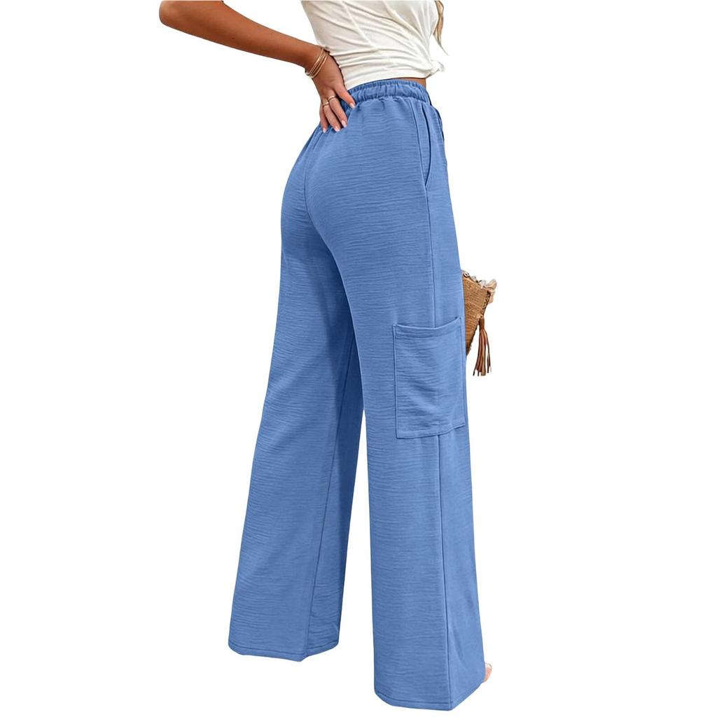 Women Elastic High Waist Pant Casual Fit Wide Leg Long Pants Trousers With Pockets