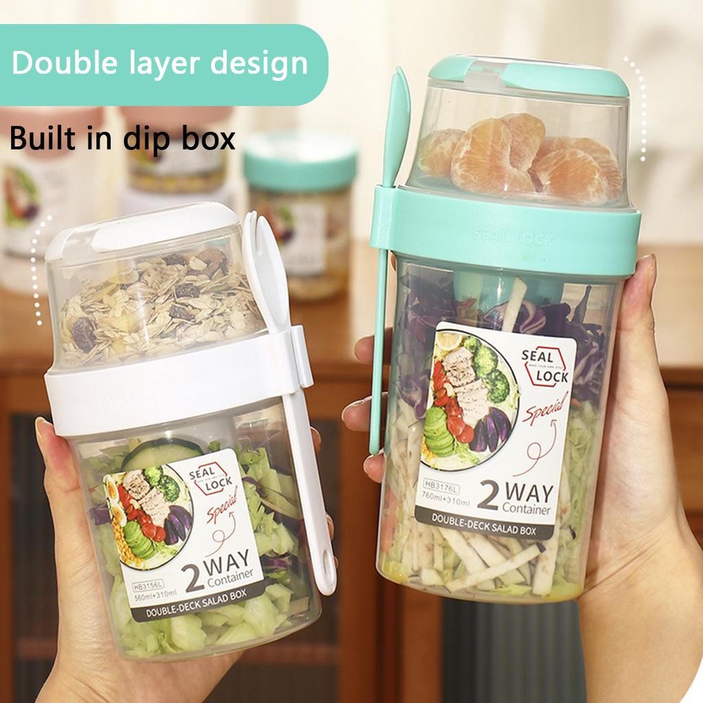 Overnight Oats Container 2-Tier Breakfast On the Go Cups with Lid and Spoon Portable Yogurt Oatmeal Container Jar for Students