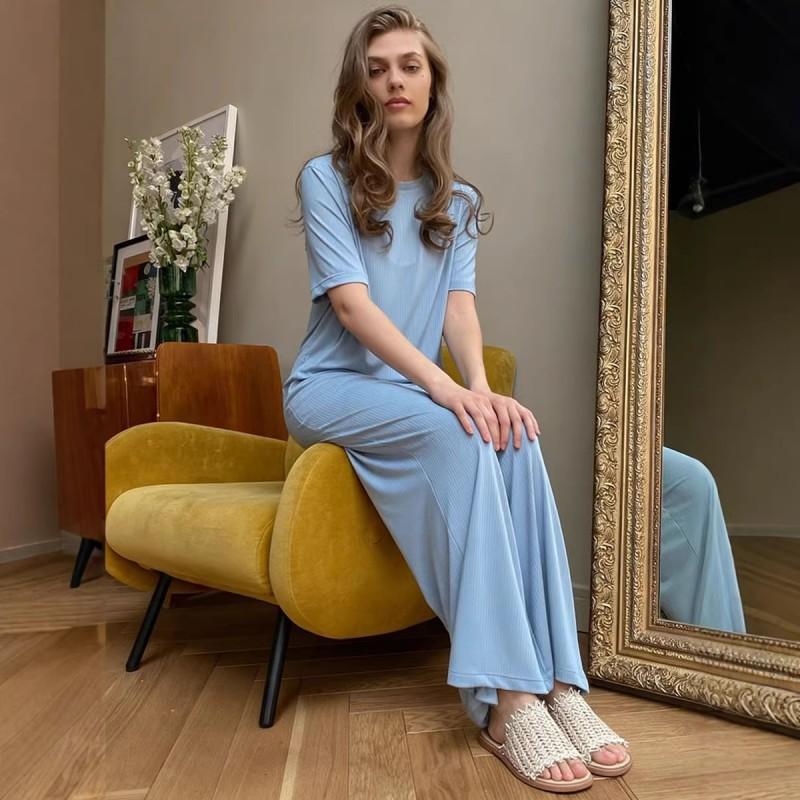 2026 Soft Modal Set Women Casual Short Sleeve Top Wide Leg Pants Two Piece