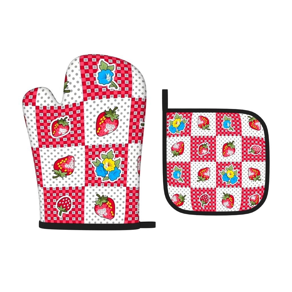 2pcs Oven Mitts And Pot Holders Strawberry Flower Heat Resistant Oven Mitts And Pot Holders Sets Suitable for Cooking, Home