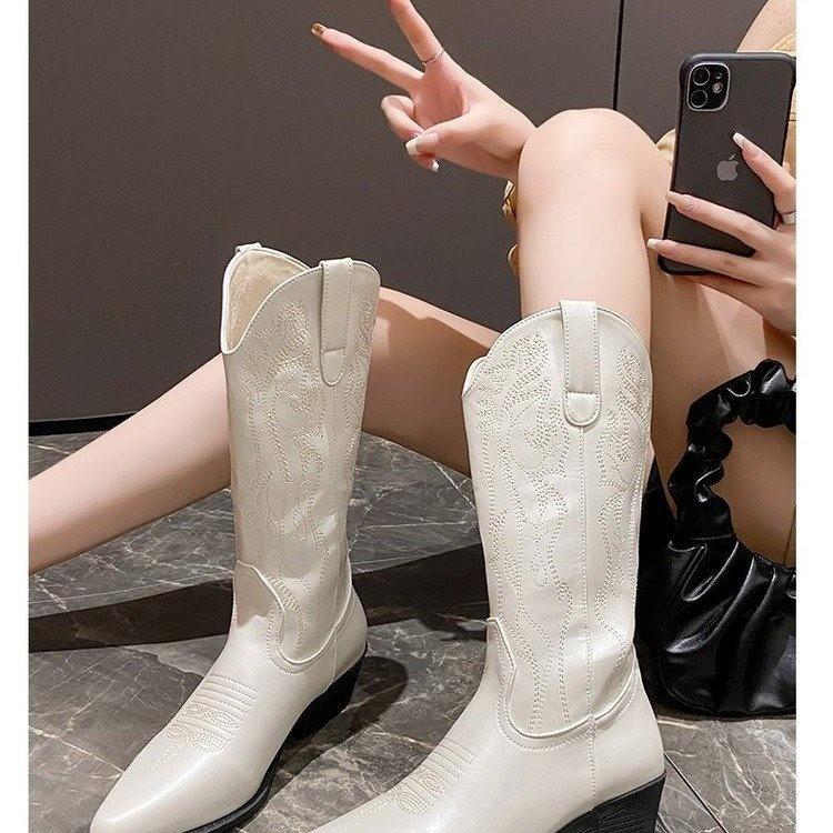 Cizme de damă cu platformă, brodate, la mijlocul gambei, stil cowboy, cu toc pătrat, cu vârful ascuțit