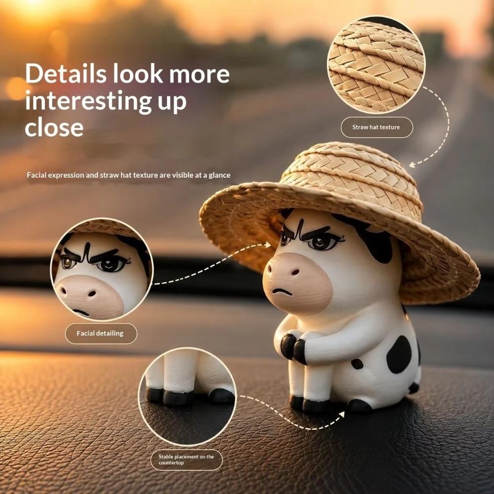 Straw Hat Weirdly Cow Figurine Decorative Dashboard Ornament Desk Decor Figurine Desk Decoration