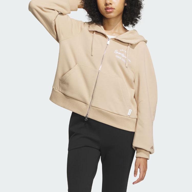 Adidas Verbiage Full-Zip Embroidered Hooded Jacket Women Outerwear Magic-Light-Brown IZ4568