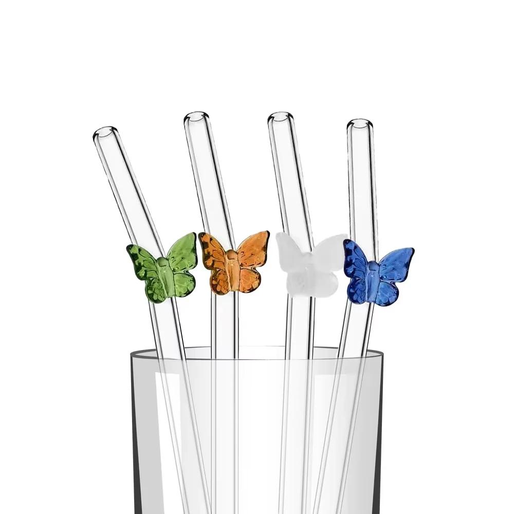 4Pcs Butterfly Straw Pretty Reusable Glass Tube Dishwasher Safety Durable Straws For Smoothie Cocktail Juice Smoothie Drinks