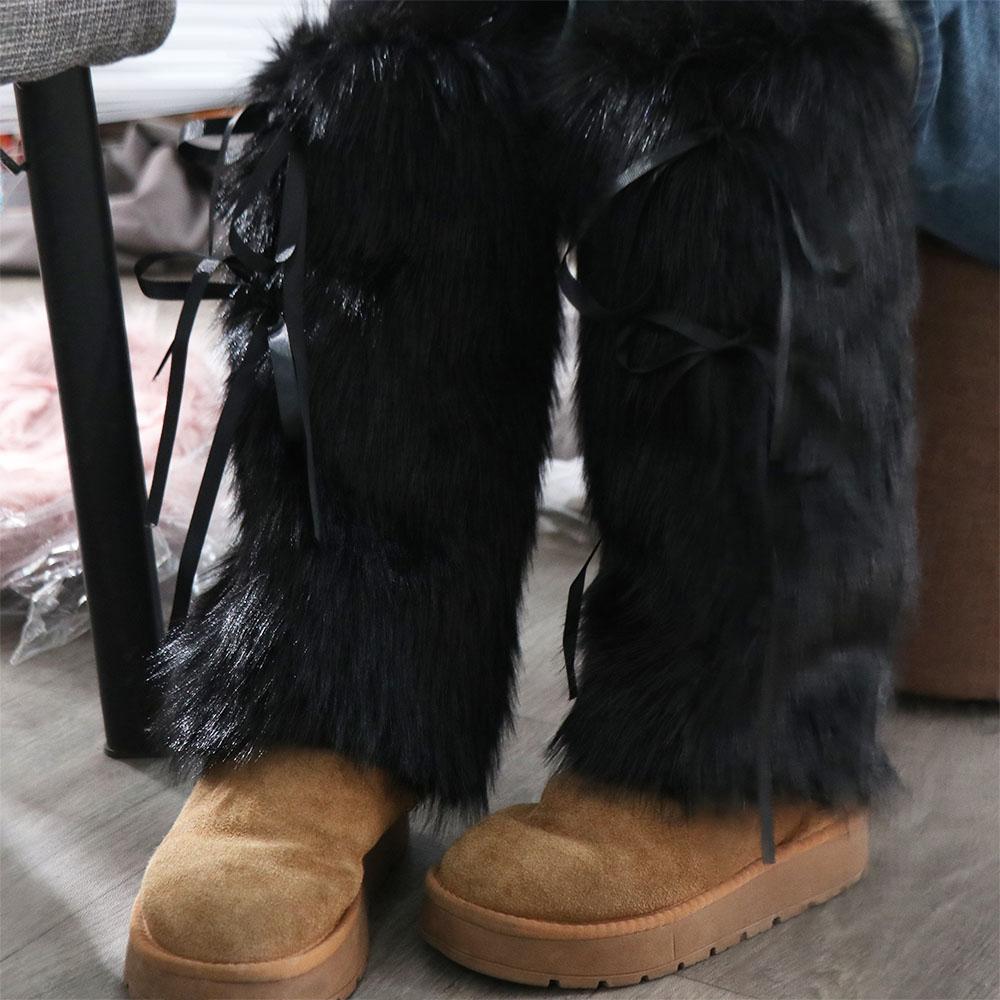 Faux Fur Furry Leg Warmers Y2k Women's Plush Stockings Fashion Lace Up Leg Warmers Fall Winter