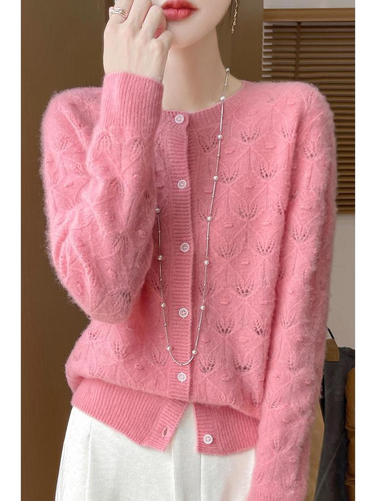 2024 Early Autumn Women's Merino Wool Round Neck Knit Cardigan with Hollow Details