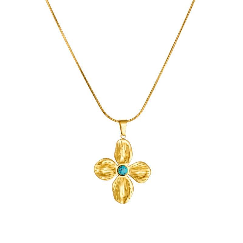 Gold Plated Stainless Steel Flower Pendant Necklace with Turquoise Center for Women