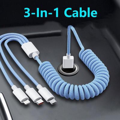 Einziehbares 3-in-1-Schnellladekabel für Smartphones und Tablets, Autokabel für iPhone und Android-Telefone