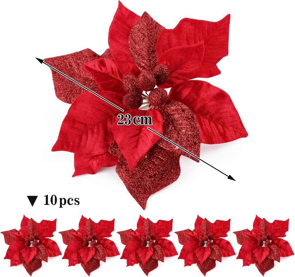 9'' Red Glitter Poinsettia Ornaments, 10-Piece Artificial Christmas Decor for Tree & Wreaths