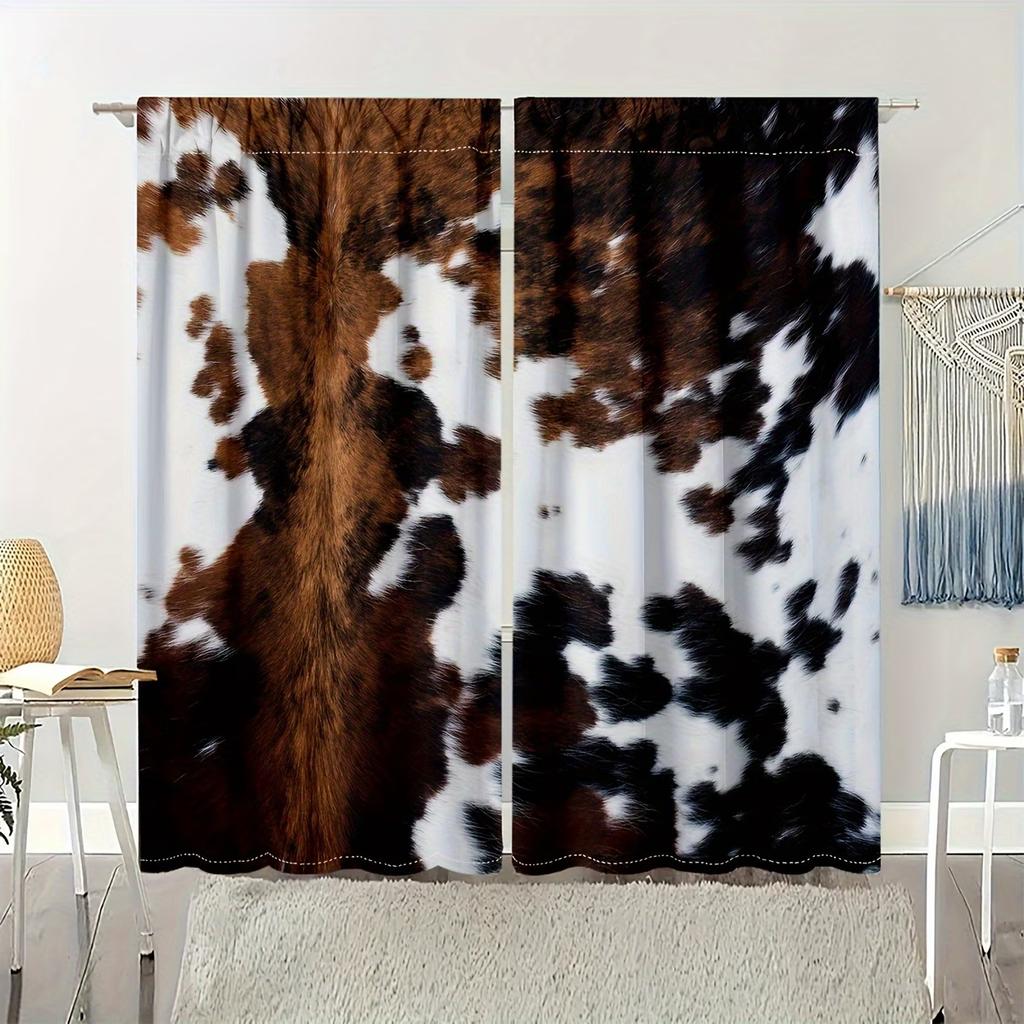 2PC Cowhide Print Curtains - Western Farmhouse Animal Skin Pattern Window Drapes for Living Room Bedroom Decor