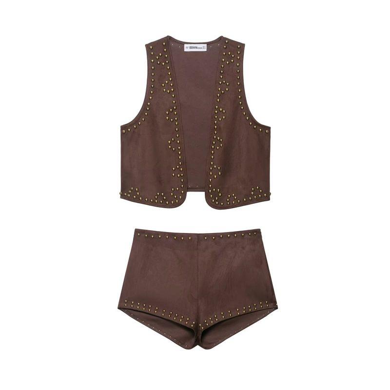 Kaslead New Women clothes Western Style Rivet Suede Effect Vest Shorts 5063831 5063809