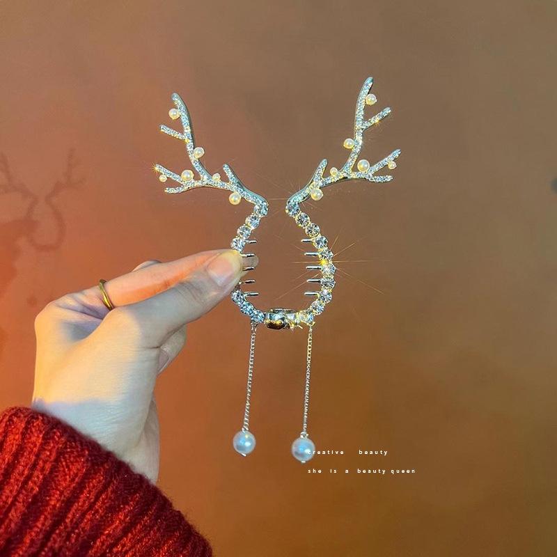 Elegant Christmas Antler Ponytail Hair Clip with Tassel Pearls
