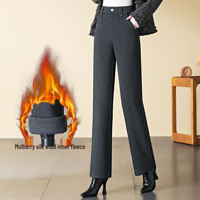 Women's High-Waist Acetate Wool Straight-Leg Pants: Warm, Velvet-Lined, for Autumn/Winter